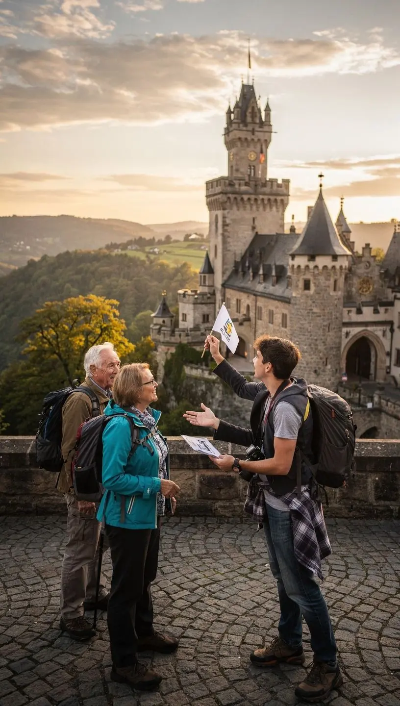 Reiseführer erklärt einer Gruppe von Touristen die Besonderheiten einer mittelalterlichen Burg während einer mehrtägigen Themenreise.